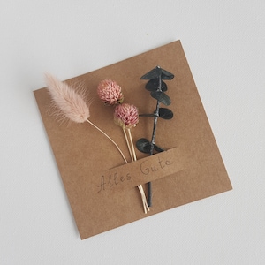 Custom greeting card with dusty pink dried flower and eucalyptus, Birthday card, Thank you card, Kraft card, personalized your own text card