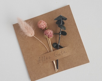 Custom greeting card with dusty pink dried flower and eucalyptus, Birthday card, Thank you card, Kraft card, personalized your own text card