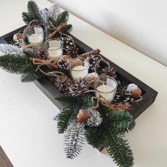 Bougeoirs De Noël En Bois Avec Pomme De Pin - Décoration De Table, Cheminée - Rouge - Set De Bougeoirs Saisonniers