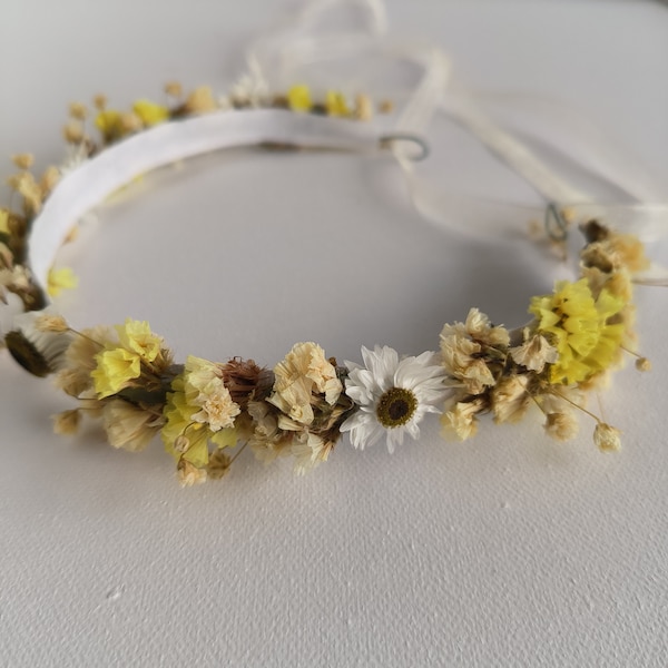 Hochzeitshaarkranz beige gelb mit Kamille, Beige Trockenblumen Haarreif, Haarschmuck, Daisy babys breath dried flower crown