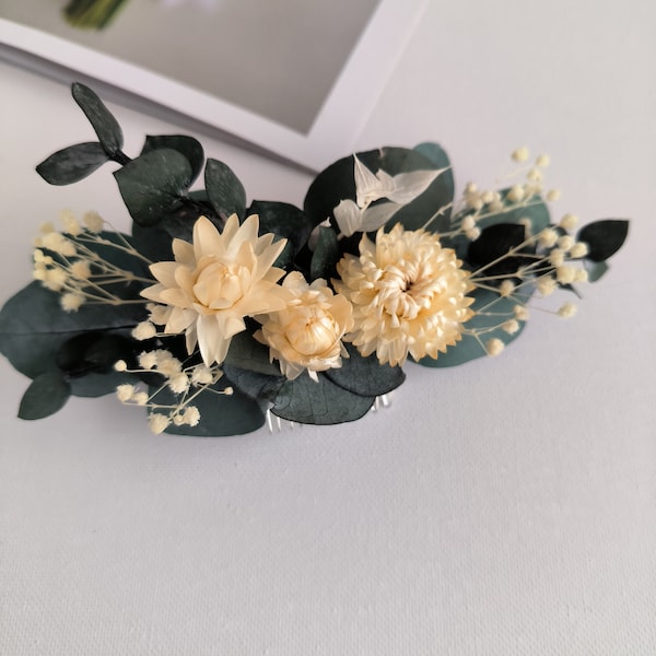 Weißer  grüner Haarkamm aus Trockenblumen, Hochzeit Steckkamm, Trockenblumen Brautfrisur, Kamm mit Eucalyptus stabilisierten Gypsophila