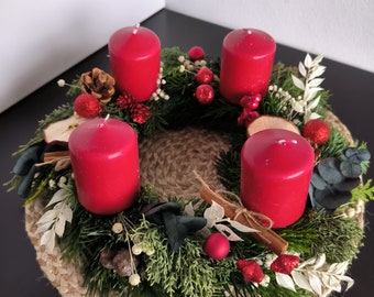 Türkranz weihnachten mit Trockenblumen rote Kerzen, Natür Adventkranz Kerzen, Winterkranz, Advent wreath catholic candle holder, holiday dec