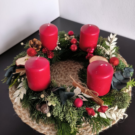 Türkranz Weihnachten Mit Trockenblumen Rote Kerzen, Natür Adventkranz Kerzen, Winterkranz, Advent Wreath Catholic Candle Holder, Holiday Dec