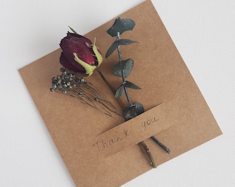 Burgundy dried rose thank you card, kraft paper, personalized text, happy birthday, gift for you, small gift, custom gift for girls