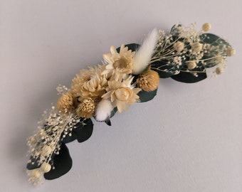 Haarschmuck beige aus Trockenblumen, Hochzeit Steckkamm, Trockenblumen Brautfrisur, Kamm mit Eukalyptus stabilisierten Schleierkraut