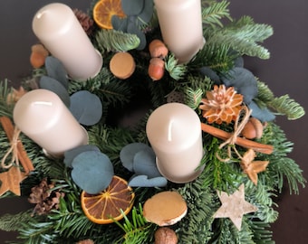 Advent wreath catholic natural decor, Adventstablett, holiday decor, table centerpiece, green natural needles, candle holder, Christmas gift