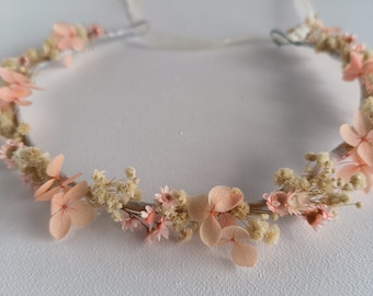 Blush champagne dried flower crown for wedding, pink headband for bride, rustic hair accessories, preserved babys breath hydrangea hairpiece