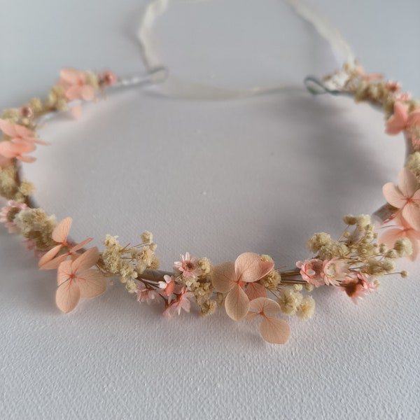 Couronne de fleurs séchées champagne blush pour mariage, bandeau rose pour la mariée, accessoires pour cheveux rustiques, postiche hortensia haleine de bébé préservée