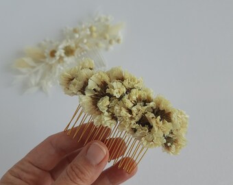 Champagne flower comb, dried beige flower hair piece, rustic bridal accessories, bridesmaids comb for wedding, simple hair comb