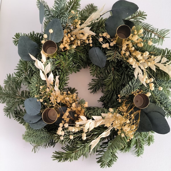 Advent candle wreath with dried flowers, Adventskranz rustic, Christmas decoration, table centerpiece, green natural brunches eucalyptus