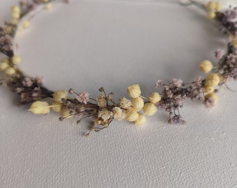 Lila weiße getrocknete Blumenkrone für Hochzeit, Blumenkrone für die Braut, rustikaler Haarschmuck, konserviertes Schleierkraut Stirnband