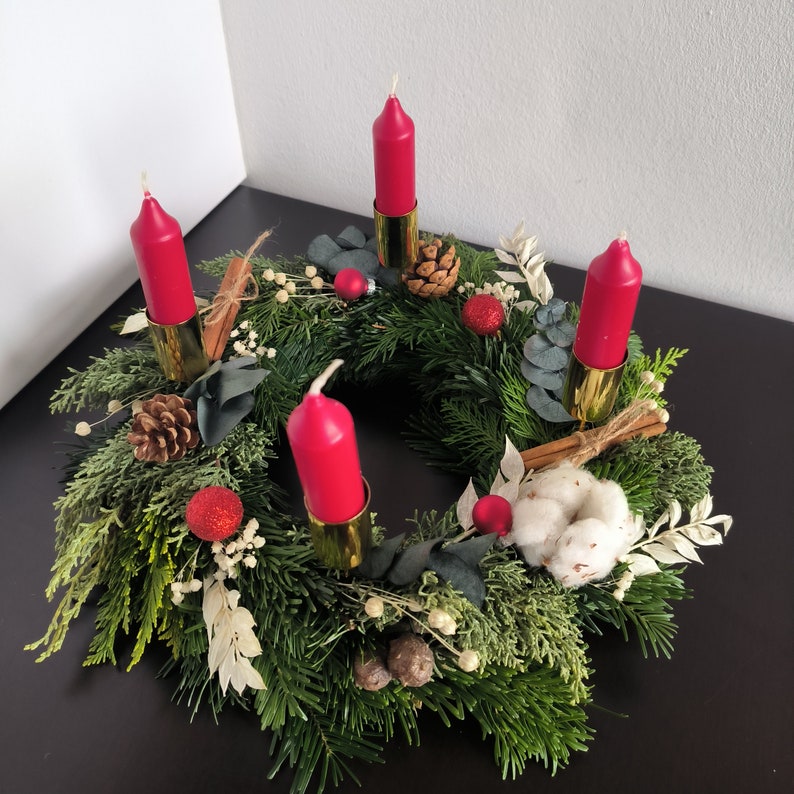 weihnachten mit Trockenblumen in red, Natür Adventkranz Kerzen, Winterkranz, Advent wreath catholic candle holder, holiday decor