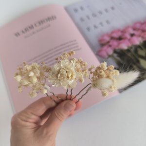 Juego de 3 horquillas para el pelo con flores secas de aliento de bebé color champán, para bodas bohemias, tocado romántico