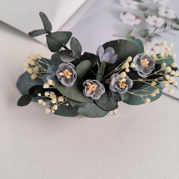 Grüner blauer Haarkamm aus Trockenblumen, Hochzeit Steckkamm, Trockenblumen Brautfrisur, Kamm mit Eucalyptus stabilisierten Gypsophi
