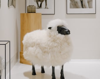 Limited fluffy Lalanne style Sheep statue & soft chair.White natural sheepskin.Body frame from beech wood