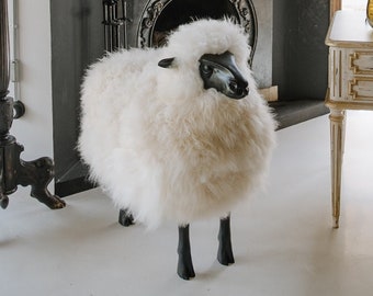 Lalanne Style Sheep Statue: Natural Sheepskin & Beechwood