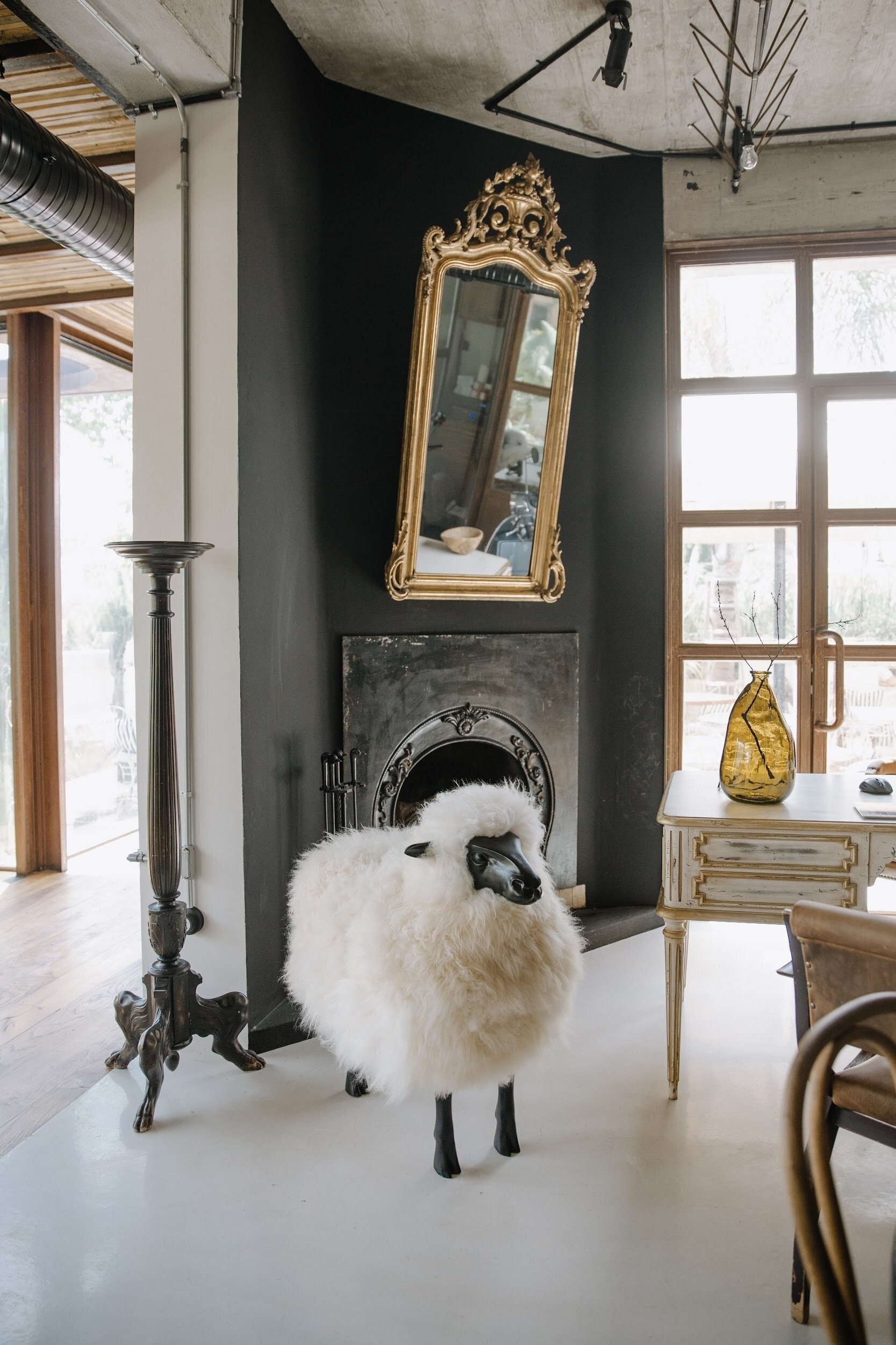 Lalanne style sheep chair.Luxurious fluffy Sheepskin Stool: Soft and Fluffy Home Decor with a Functional Twist