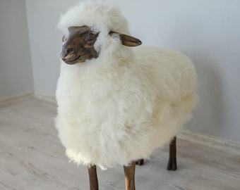 Lalanne style Lamb statue. Sheep chair in lalanne style for home interior. Brown walnut natural wood furniture handmade art