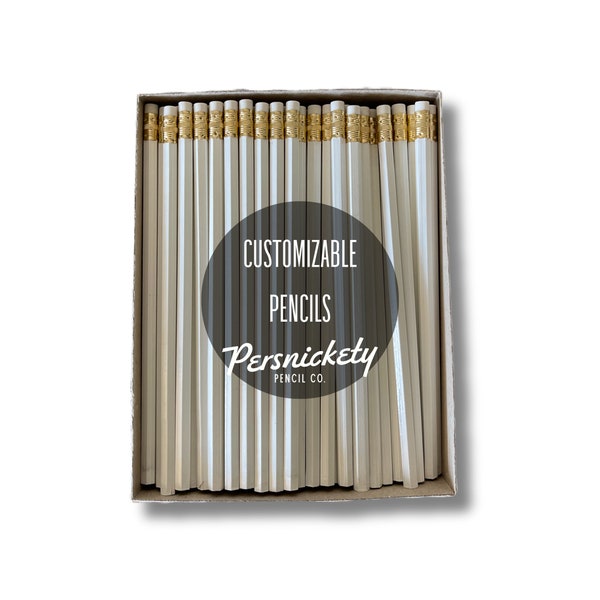 White Custom Pencils | White Eraser | Personalized Pencils | Party Favors | Business Branding | Bulk Pencils | Holographic Foil
