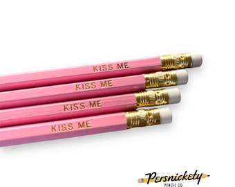 Kiss Me Pencil Set | Set of Six Foil Stamped Pencils | Cute Stationery | Valentine's Day | Cute Gifts | Pink Pencils | Love