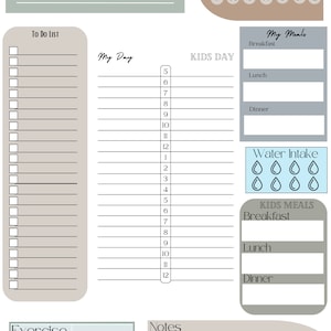 May include: A printable daily planner with sections for gratitude, to-do list, my day, kids day, my meals, water intake, kids meals, exercise, and notes. The planner is designed with a light gray and blue color scheme.
