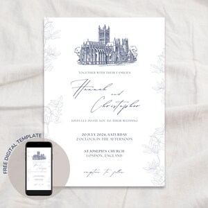 Invitación de boda de la iglesia Invitación de boda en la capilla Plantilla imprimible elegante Lugar de boda en el jardín Invitación digital editable Simple Evite / CBO