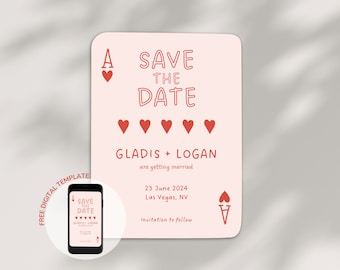 Pink Save the Date Cute Casino Wedding Invitation Poker Card Wedding Invite Las Vegas Printable Digital Template Editable Handwritten | APC
