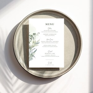 Modelo de menu Menu de casamento com vegetação Modelo editável para impressão Menu de jantar botânico Menu de aniversário desenhado à mão Decoração de mesa de menu personalizado | BEBÊ