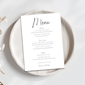 Modelo de menu minimalista Menu de casamento moderno para impressão Modelo editável Nomes de casais Menu de jantar Festa de aniversário Menu personalizado Instantâneo | FCM