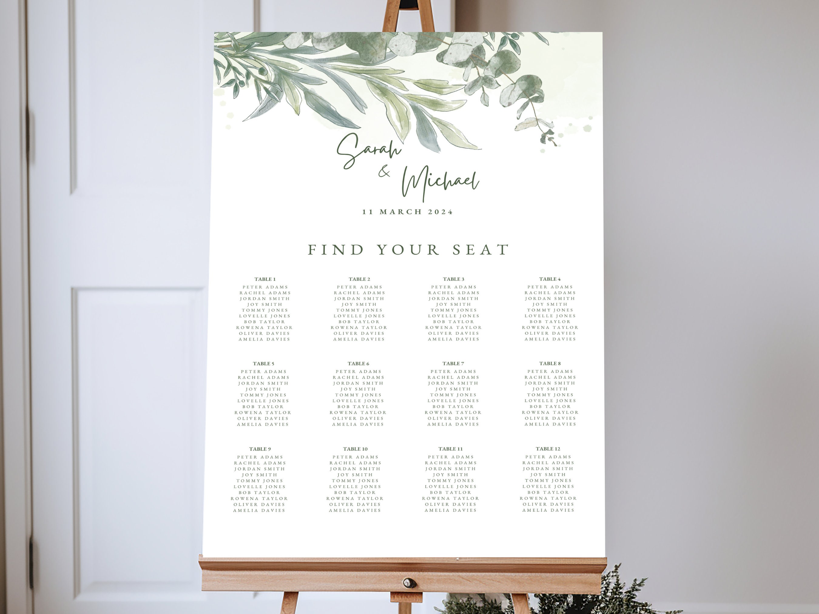 Greenery Seating Chart Wedding Template Botanical Editable Seating Plan Template Printable Wedding Poster Find Your Seat Wedding Easel | BEB