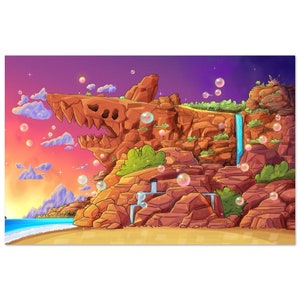 May include: A vibrant cartoon landscape featuring a rock formation shaped like a dinosaur head. The scene includes a beach, waterfalls, and bubbles floating in the air. The sky transitions from orange to purple.