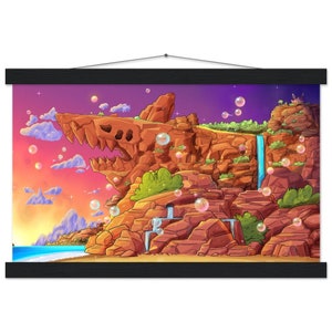 May include: A digital illustration of a rocky island with a waterfall, a beach, and a large, jagged rock formation resembling a shark's head. The sky is a vibrant purple and pink with white clouds and floating bubbles.