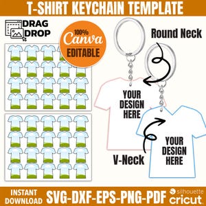May include: A digital template for creating t-shirt keychain designs. The template includes a round neck and a v-neck t-shirt design. The text "DRAG DROP" and "100% Canva EDITABLE" is included in the image.