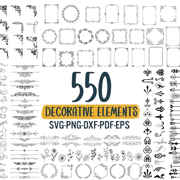 550 Elementos decorativos SVG, Adornos svg, Florece SVG, Remolinos SVG, Divisor de texto Svg, Divisores Bordes Svg, Decoración de texto svg, dxf