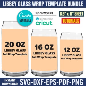 Könnte beinhalten: Drei Glas-Dosen-Designs für 20 oz, 16 oz und 12 oz Libbey Glas Full Wrap Templates. Die Designs sind in einem hellorangen Farbton mit schwarzem Text. Der Text lautet "Libbey Glass Full Wrap Template" und die Größe des Glases in Unzen. Das Bild enthält auch den Text "Canva Editable", "Silhouette Cricut", "8.5" x 11" Sheet", und "Tutorials".