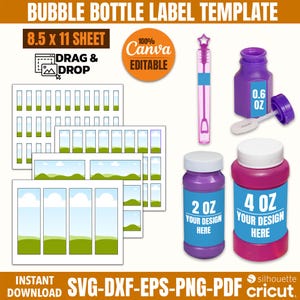 May include: Bubble bottle label template with various sizes and designs. Includes labels for 0.6 oz, 2 oz, and 4 oz bottles. The image also shows a bubble wand and a sheet of labels. The text says "Drag & Drop" and "Canva Editable".