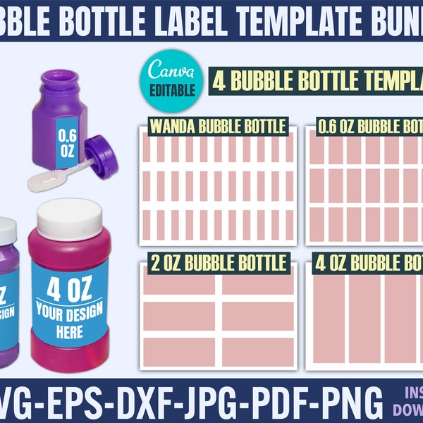 Bubble Bottle Label Template, Bubble Bottle Sticker Template, Bubble Bottle Canva Template Svg, 4 Oz - 2 Oz - 0,6 Oz Bubble Bottle Label