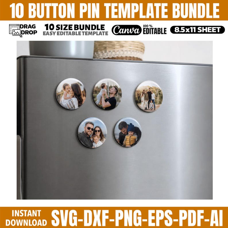 Button Pin Template Bundle 10 Sizes, Canva Editable Badge Template, 1 ...