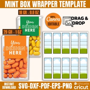 May include: Two clear plastic boxes with labels that say "Your Design Here" and contain colorful candy. The boxes are labeled with the weights 18 grams - 0.6 ounces and 29 grams - 1 ounce. The image also includes a set of six rectangular labels with a sky, clouds, and grass design. The labels are labeled "100% Canva Editable" and "Drag & Drop".