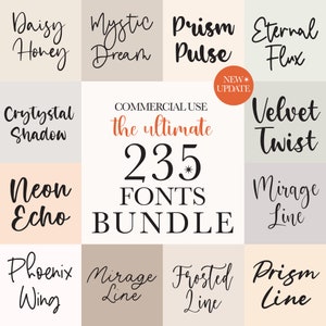 May include: A collage of 235 fonts in a bundle, with the text "the ultimate" and "FONTS BUNDLE" in large, bold font. The fonts are displayed in a variety of styles, including script, sans serif, and serif.