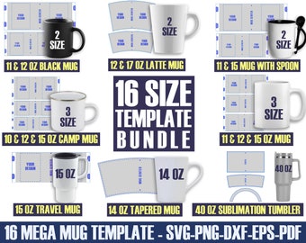 16 Size Mug Template Bundle, Sublimation Designs (svg, png, dxf, eps, pdf)