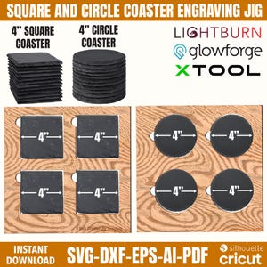 Paquete de plantillas de corte láser para posavasos cuadrados y circulares de 4 x 4 pulgadas, archivo de corte láser, plantilla de posavasos circulares de 4 pulgadas, plantilla de posavasos cuadrados de 4 pulgadas, Xtool Glowforge