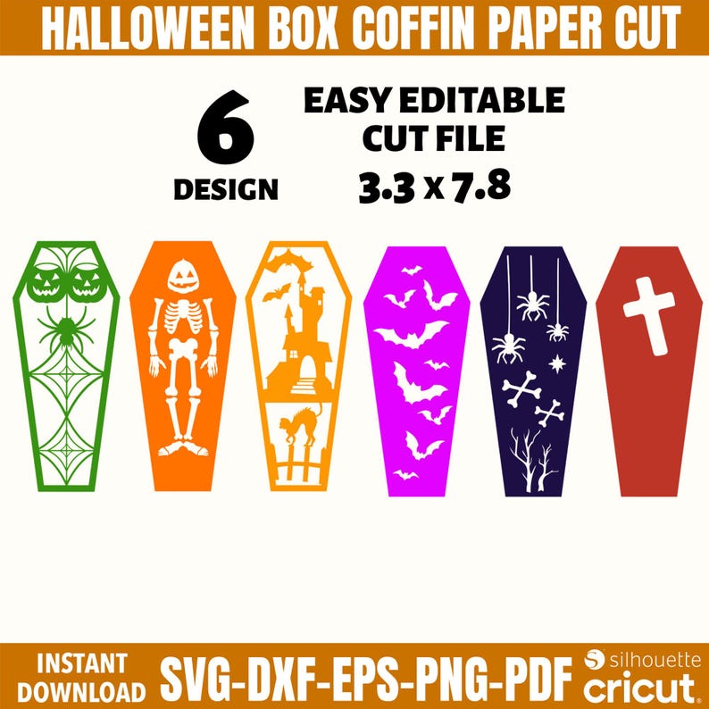 May include: A Halloween-themed digital cut file featuring six coffin designs. Each coffin is a different color and has a unique design, including a spider, skeleton, haunted house, bats, spiders, and a cross. The file size is 3.3 x 7.8 inches.
