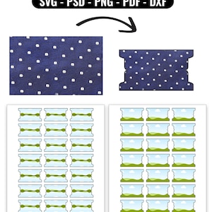 May include: A digital file tab templates bundle featuring SVG, PSD, PNG, PDF, and DXF formats. The design displays a dark blue fabric texture with white polka dots. Two sheets show multiple tab shapes with green landscape illustrations.