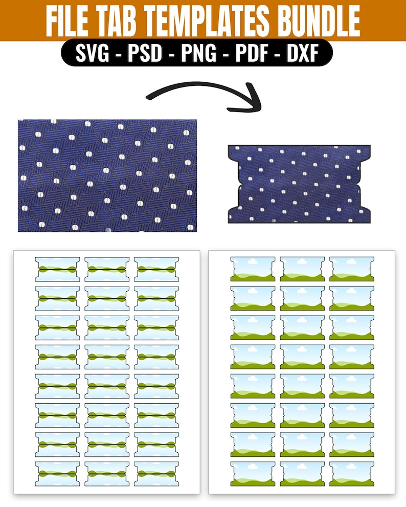 May include: A digital file tab templates bundle featuring SVG, PSD, PNG, PDF, and DXF formats. The design displays a dark blue fabric texture with white polka dots. Two sheets show multiple tab shapes with green landscape illustrations.