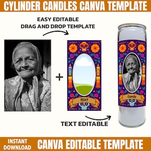 Puede incluir: Una plantilla de Canva para velas cil&iacute;ndricas. El dise&ntilde;o presenta una foto en blanco y negro de una anciana, un dise&ntilde;o floral colorido con calaveras y una vela terminada con el nombre "Camila". El texto incluye "Easy Editable" y "Text Editable".