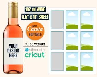 May include: A mini wine bottle with a blank label next to a sheet of nine label templates. The image includes the text "187 ml MINI WINE LABEL TEMPLATE", "187 ml WINE", and "8.5" x 11" SHEET". The design is Canva editable and works with Silhouette and Cricut.