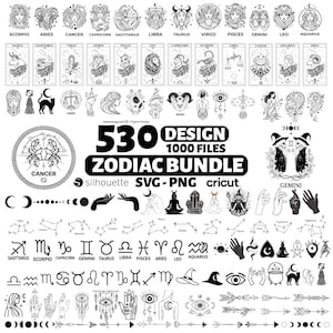 Puede incluir: Un paquete de diseño digital en blanco y negro con signos del zodiaco, constelaciones e ilustraciones místicas. El texto dice "530 Design 1000 Files Zodiac Bundle" con formatos de archivo SVG y PNG. Incluye varios gráficos celestiales y esotéricos.