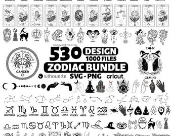 530 Zodiac Signs SVG Bundle | Astrology & Horoscope Designs | Zodiac Tattoo | Witchy Mystic Celestial SVG Files