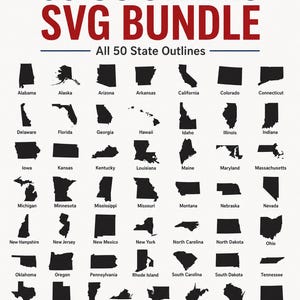 May include: A digital graphic bundle titled 50 US STATES SVG BUNDLE featuring black silhouettes of all 50 US state outlines arranged in a grid. Each state is labeled with its name underneath. The bottom includes text for file formats SVG, DXF, EPS, AI, PDF, PNG.